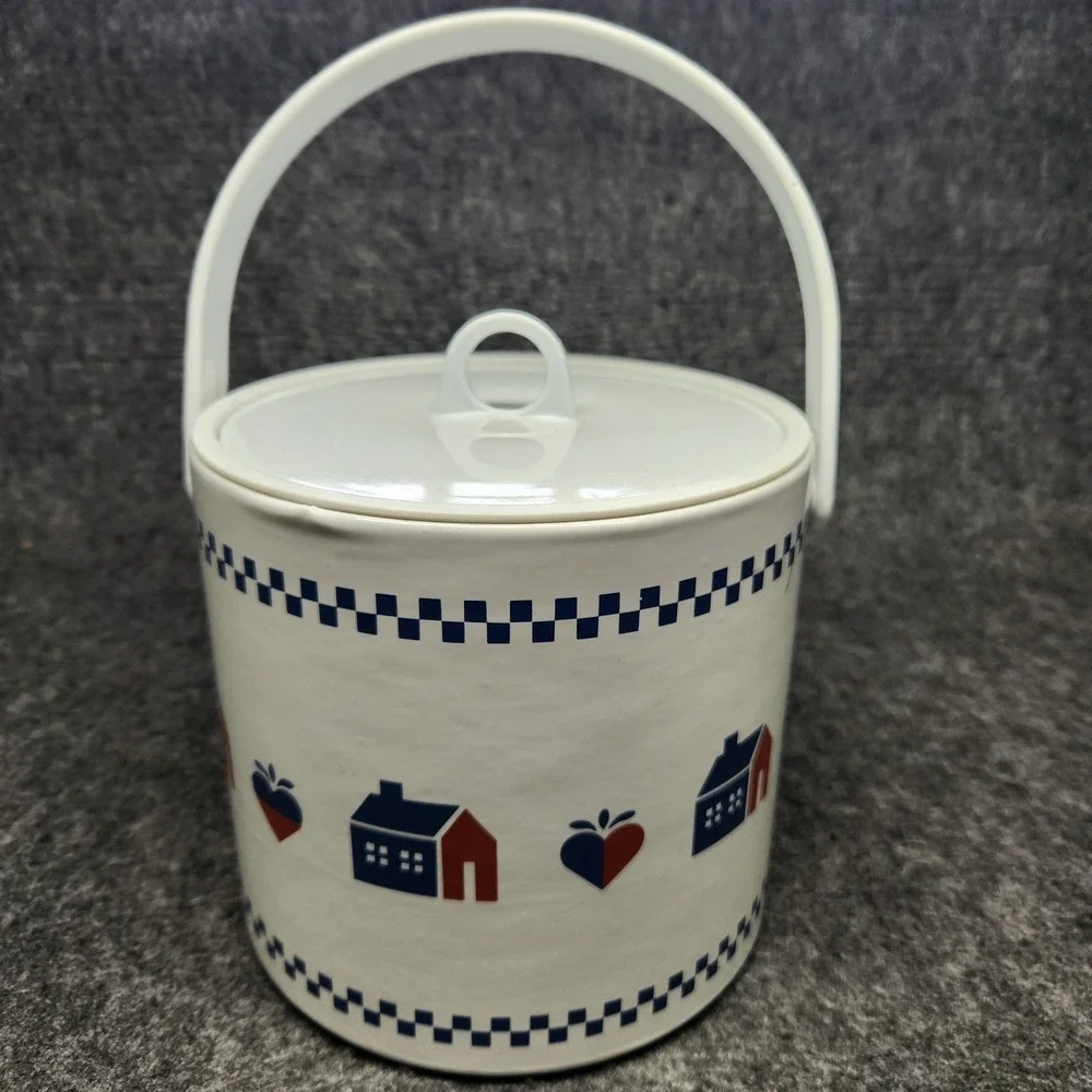 Vintage Barware Acrylic Ice Bucket Canister Country Blue House Heart Cottagecore